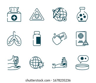 lungs and covid 19 concept icon set over white background, line style, vector illustration