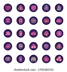 lungs and covid 19 icon set over white background, neon style, vector illustration
