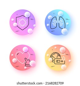 Lungs, Covid test and Coronavirus minimal line icons. 3d spheres or balls buttons. Volunteer icons. For web, application, printing. Respiratory pneumonia, Blood testing, Covid protection. Vector