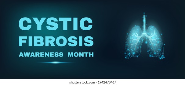 Lungs. Cystic Fibrosis Awareness Month.  Banner Template With Glowing Low Poly. Futuristic Modern Abstract. Isolated On Dark Background. Vector Illustration.