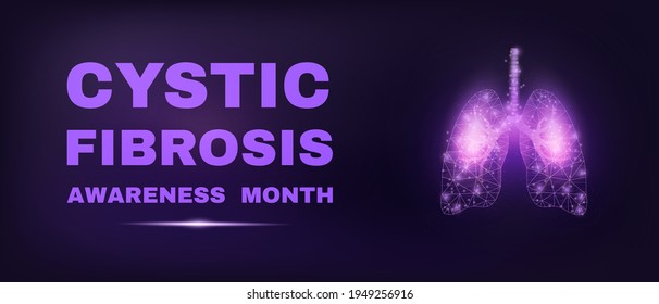 Lungs. Cystic Fibrosis awareness month concept. Banner template with glowing low poly. Modern abstract dark background. Vector illustration.