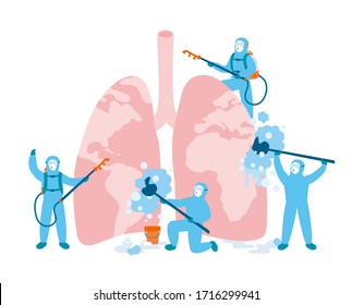 Lungs of the Earth and decontamination team in a blue isolation suits. Sterilization procedures for earth during Covid-19 pandemic. People in Sars-CoV-2 uniforms. Prevention equipment illustration.