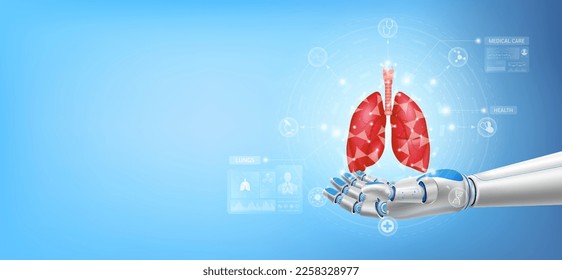 lungs float away from in robot hand. Futuristic medical cybernetic robotics technology. Innovation artificial intelligence robot assist care health. With copy space for text. ฺRealistic 3D Vector.