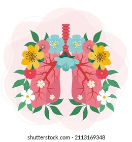 Lungs with flowers image. Vector illustration, concept of healthy lungs people