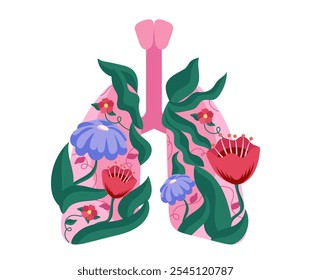 Lungs with flowers. Metaphor of healthy lifestyle. Human internal organ with bloom and blossom plants. Bronchi and respiratory system in red and blue flowers. Flat vector illustration