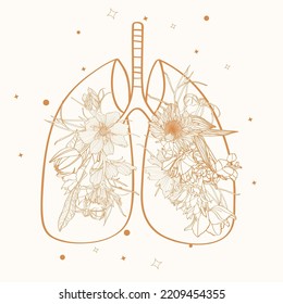 Lungs with flowers. Symbols, logo design. Boho hand drawn elements with line flowers illustration icons.