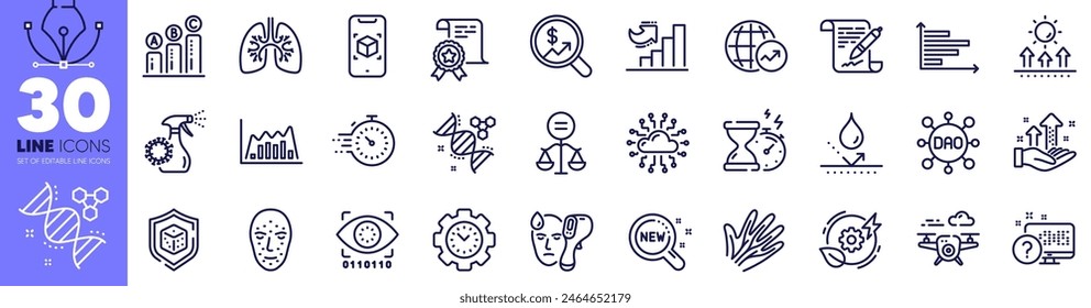 Lungs, Green energy and Augmented reality line icons pack. Timer, Ethics, Time management web icon. Artificial intelligence, Online quiz, Drone pictogram. Dao, Hourglass timer, Cloud network. Vector