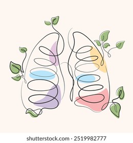 Pulmões com plantas em crescimento desenhando uma linha. Pulmões com plantas em crescimento ilustração de linha única. Pulmões com plantas em crescimento arte minimalista linha