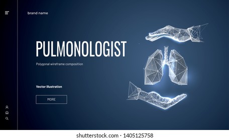 Lungs in hand.Polygonal wireframe composition. Concept for pulmonologist. Abstract isolated on dark blue background. Particles are connected in a geometric silhouette
