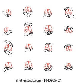 Los pulmones en las manos puestas. El paquete de iconos. Ilustración médica de vectores.