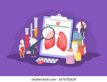 Lungs health care with doctors medical concept of diagnosis, healthcare and treatment vector illustration. Huge human lungs and mini medics. Pulmonary science and medical concept.