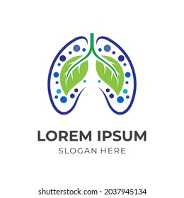 lungs health logo template, lungs and leaf, combination logo with flat green and blue color style