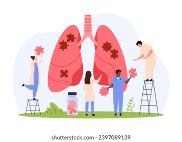 Salud de los pulmones, ilustración del vector pulmonológico. Caricatura de personas diminutas sosteniendo piezas de rompecabezas para ponerlas en los pulmones humanos, médicos protegen al paciente de infecciones respiratorias, neumonía y tuberculosis