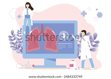 Lungs healthcare vector concept. Doctors search for information to diagnose respiratory diseases. Tuberculosis, pneumonia, lung cancer treatment or diagnostic.