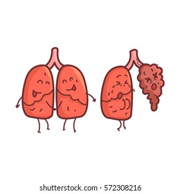 Lungs Human Internal Organ Healthy Vs Unhealthy, Medical Anatomic Funny Cartoon Character Pair In Comparison Happy Against Sick And Damaged