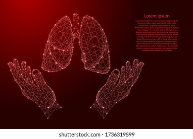 Lungs human organ and two holding, protecting hands from futuristic polygonal red lines and glowing stars for banner, poster, greeting card. Vector illustration.