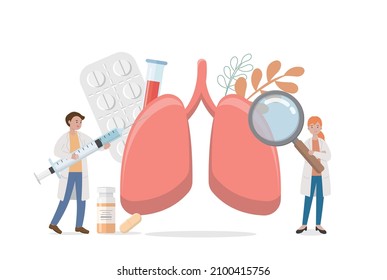 Lungs of human organs with doctor or nurse or medical staff for health check, vector comic cartoon
