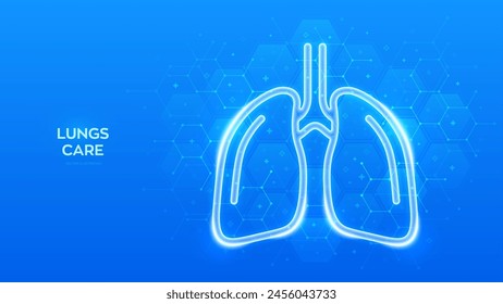 Lungs icon. Human respiratory system lungs anatomy. Treatment of lung diseases tuberculosis, pneumonia, asthma. Molecular structure. Blue medical background with hexagons. Vector illustration.