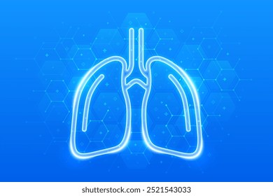 Ícone dos pulmões. Anatomia dos pulmões do sistema respiratório humano. Tratamento de doenças pulmonares tuberculose, pneumonia, asma. Estrutura molecular. Fundo médico azul com hexágonos. Ilustração vetorial.