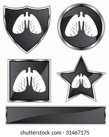 Lungs Icon Set : Black satin and chrome buttons in star, shield, circle and square shapes.