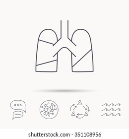 Lungs icon. Transplantation organ sign. Pulmology symbol. Global connect network, ocean wave and chat dialog icons. Teamwork symbol.