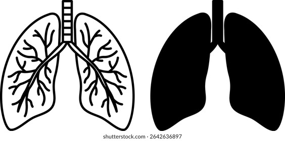 Lungs Icons. Black And White Vector Illustration. Paired Organs Of The Respiratory System Located In The Chest Cavity. Human Organs. Concept Anatomy