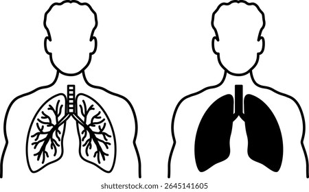 Lungs Icons. Black and White Vector Illustrations. Lungs Inside a Human. Body Part, Internal Organ. Anatomy, Medicine. Lung Disease Concept