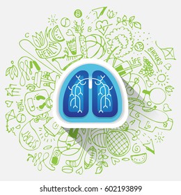 Lungs illustration - halth care sketch with sport icons and lung