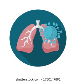 Lungs infected coronavirus flat circle icon with long shadow. Human lungs illustration. Vector.