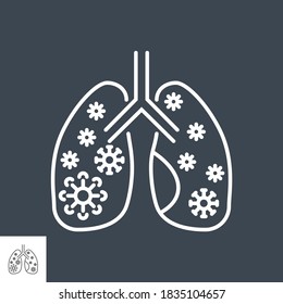 Lungs Infection related vector thin line icon. Lungs with infection inside. Isolated on black background. Editable stroke. Vector illustration.