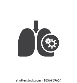 Pulmones Icono vector de infección. signo plano relleno para concepto móvil y diseño web. Pulmones humanos con ícono de glifo del virus Covid-19. Símbolo, ilustración del logotipo. Gráficos vectoriales