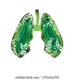 Lungs with leaves as symbol of healthy lungs. World Tuberculosis Day, World Lung Day, environment and ecology conservation concept. Vector paper art