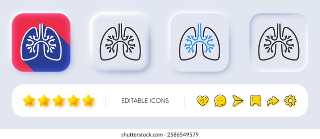 Lungs line icon. Neumorphic, Flat shadow, 3d buttons. Pneumonia disease sign. Respiratory distress symbol. Line lungs icon. Social media icons. Vector