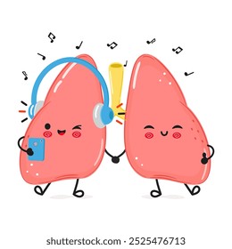 Lungs listens to music on headphones with a smartphone. Vector hand drawn cartoon kawaii character illustration icon. Isolated on white background. Lungs character concept