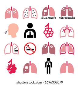 	
Lungs, lung disease vector icons set - tuberculosis, cancer, smoker's lungs - healthcare concept.  
Human body parts - lungs vector color designs isolated on white 
 
 