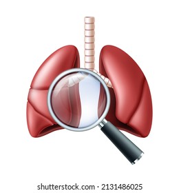 Lungs and magnifier. Examination of disease lungs. Magnifier examination process respiratory system. Isolated vector illustration on white background.