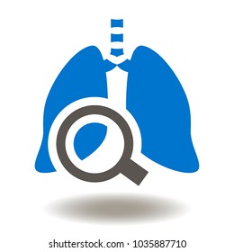 Lungs Magnifying Glass Icon Vector. Tuberculosis Xray View Illustration. Lung Illness Search And Cure Medicine Logo Symbol.