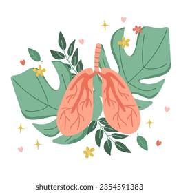 Lungs organ. Composition of the lungs against the background of leaves. Vector illustration