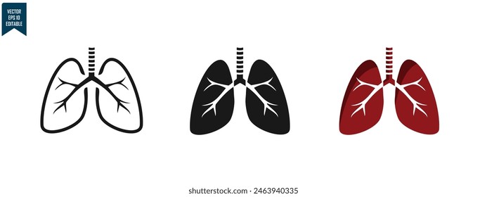 Lungs organ design set, outline, solid and colored, simple style to complement data and research, editable vector eps 10.