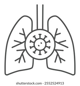 Lungenorgan mit Virus dünnen Linie Symbol, Coronavirus Konzept. Vektorgrafiken. Menschliche Lungen und Grippe Bakterien Zeichen auf weißem Hintergrund, Umriss Stil Symbol für Mobil-oder Web-Design