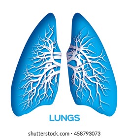 Lungs origami. Blue Paper cut Human Lungs anatomy with bronchial tree. Applique Vector design illustration. 