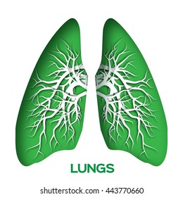 Lungs origami. Green Paper cut  Human Lungs anatomy with bronchial tree. Applique Vector design illustration. 