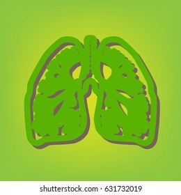 Lungs of the person. Vector. Green line icon with brown shadow at green-yellow background.