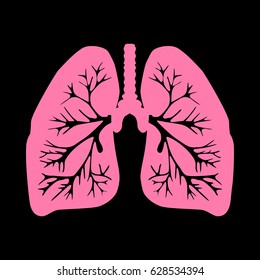 Lungs of the person. Vector. Pink icon on black background.