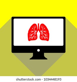 Lungs of the person. Vector. Red icon on white monitor of black all-in-one desktop computer with two shadows at yellow background.