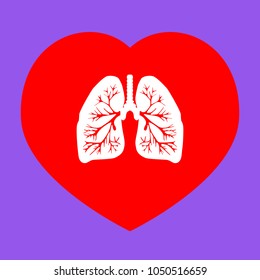 Lungs of the person. Vector. White icon in red heart at lavender background.