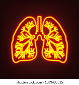 Lungs of the person. Yellow, orange, red neon icon at dark reddish background. Illumination. Illustration.