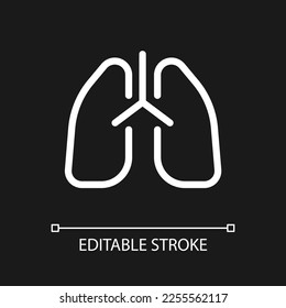 Lungs pixel perfect white linear ui icon for dark theme. Respiratory system. Pneumonia treatment. Vector line pictogram. Isolated user interface symbol for night mode. Editable stroke. Arial font used