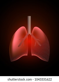 Lungs with a point of pain. Stylized transition from a real organ to an X-ray effect. Medical illustration of lung diseases