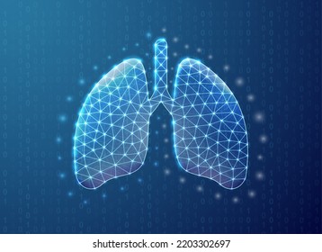 Símbolo poligonal de pulmones con fondo de código binario. Ilustración vectorial del diseño del concepto del sistema reproductivo. Símbolo de baja polilla de anatomía de órganos azules